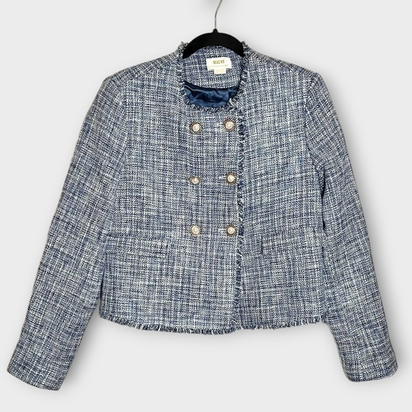 ANTHROPOLOGIE Maeve Double Breasted Tweed Blazer Cropped Size 6 Blue White - Picture 2 of 8